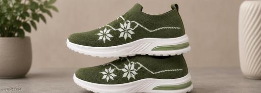 Women’s Olive Green Knitted Slip-On Walking Shoes | Lightweight Breathable Casual Sports Sneakers | Comfortable Daily Wear Shoes for Women & Girls - MC-FASHIONS.COM