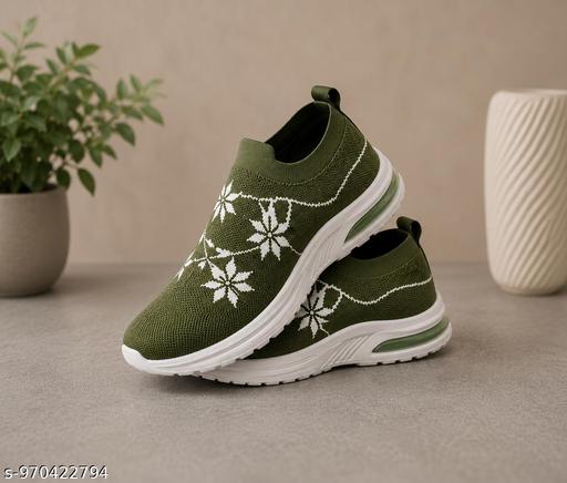 Women’s Olive Green Knitted Slip-On Walking Shoes | Lightweight Breathable Casual Sports Sneakers | Comfortable Daily Wear Shoes for Women & Girls - MC-FASHIONS.COM