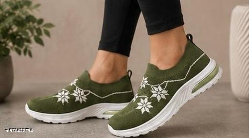Women’s Olive Green Knitted Slip-On Walking Shoes | Lightweight Breathable Casual Sports Sneakers | Comfortable Daily Wear Shoes for Women & Girls - MC-FASHIONS.COM