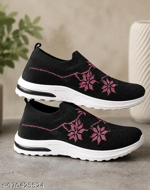 Women’s Comfortable Slip-On Sports Shoes | Breathable Knit Walking Sneakers with Air Cushion Sole | Black & Pink Floral Design - MC-FASHIONS.COM