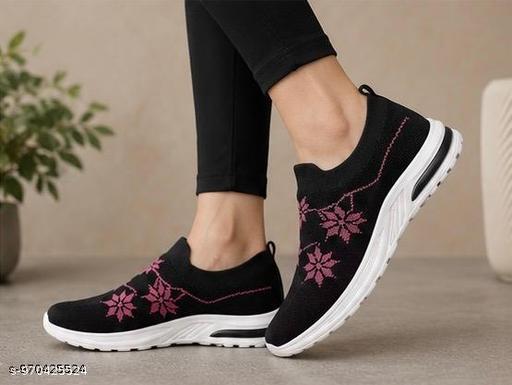 Women’s Comfortable Slip-On Sports Shoes | Breathable Knit Walking Sneakers with Air Cushion Sole | Black & Pink Floral Design - MC-FASHIONS.COM