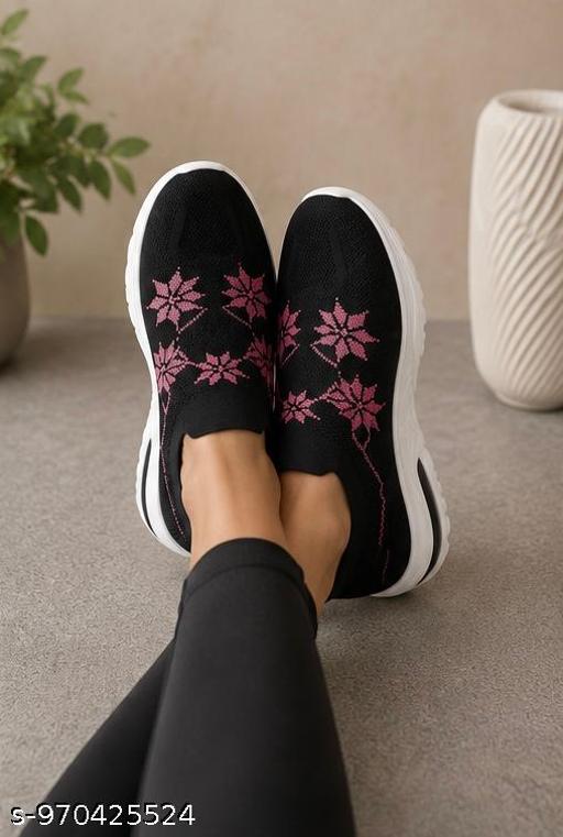 Women’s Comfortable Slip-On Sports Shoes | Breathable Knit Walking Sneakers with Air Cushion Sole | Black & Pink Floral Design - MC-FASHIONS.COM