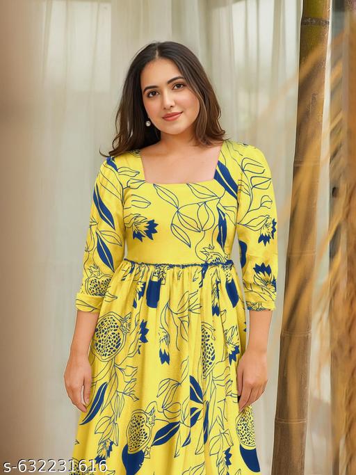New Stylish Yellow Reyon Viscos Kurti with Traditional Printed Yoke Design | Elegant Daily & Office Wear” only kurti - MC-FASHIONS.COM