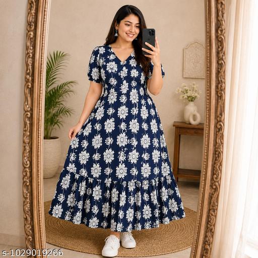 EmberDrape Navy Floral Rayon Long Gown, Breathable Puff Short Sleeve V-Neckline Back Dori, Floral Gown Dress, Trendy Gown, Daily Wear, Gown for Girls - MC-FASHIONS.COM