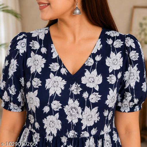 EmberDrape Navy Floral Rayon Long Gown, Breathable Puff Short Sleeve V-Neckline Back Dori, Floral Gown Dress, Trendy Gown, Daily Wear, Gown for Girls - MC-FASHIONS.COM