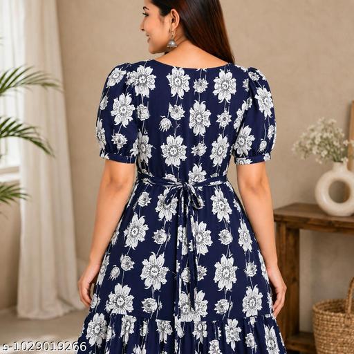EmberDrape Navy Floral Rayon Long Gown, Breathable Puff Short Sleeve V-Neckline Back Dori, Floral Gown Dress, Trendy Gown, Daily Wear, Gown for Girls - MC-FASHIONS.COM