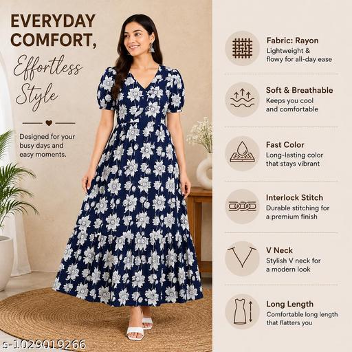 EmberDrape Navy Floral Rayon Long Gown, Breathable Puff Short Sleeve V-Neckline Back Dori, Floral Gown Dress, Trendy Gown, Daily Wear, Gown for Girls - MC-FASHIONS.COM