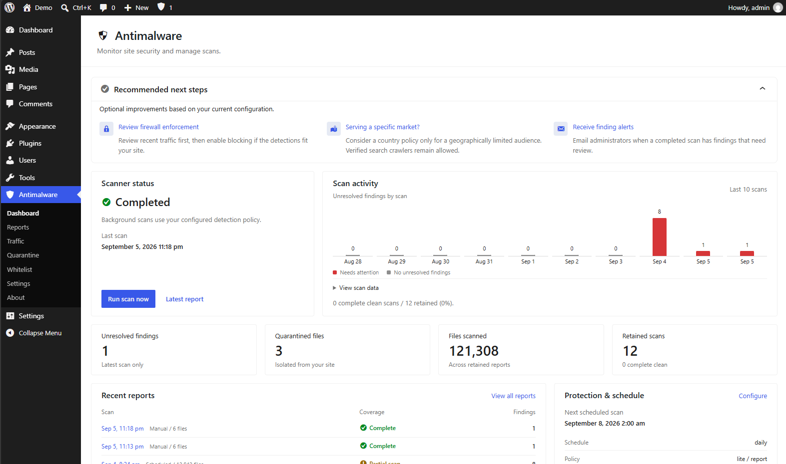 WordPress Antimalware Scanner dashboard