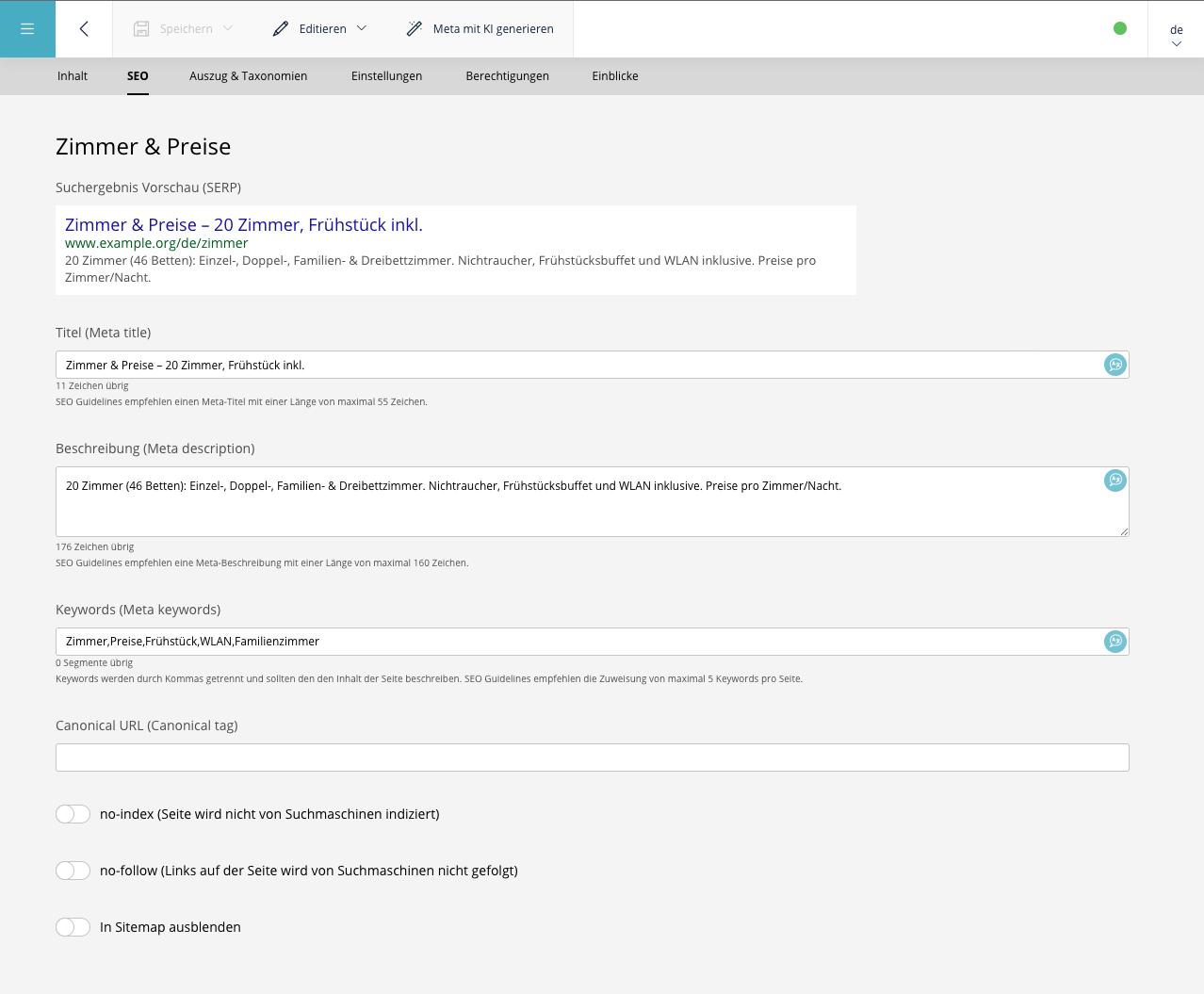 Generate meta with AI on the page SEO tab