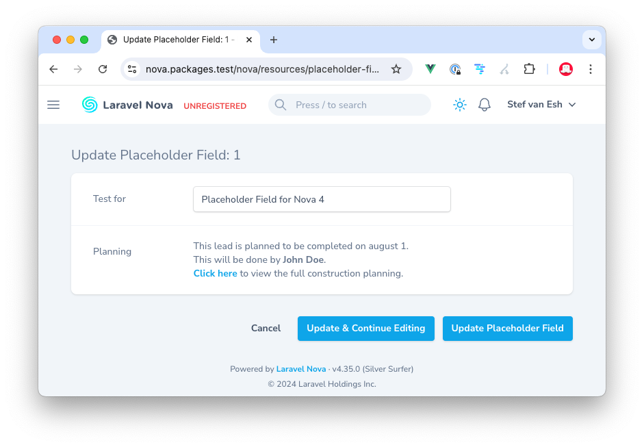 Nova Placeholder field example