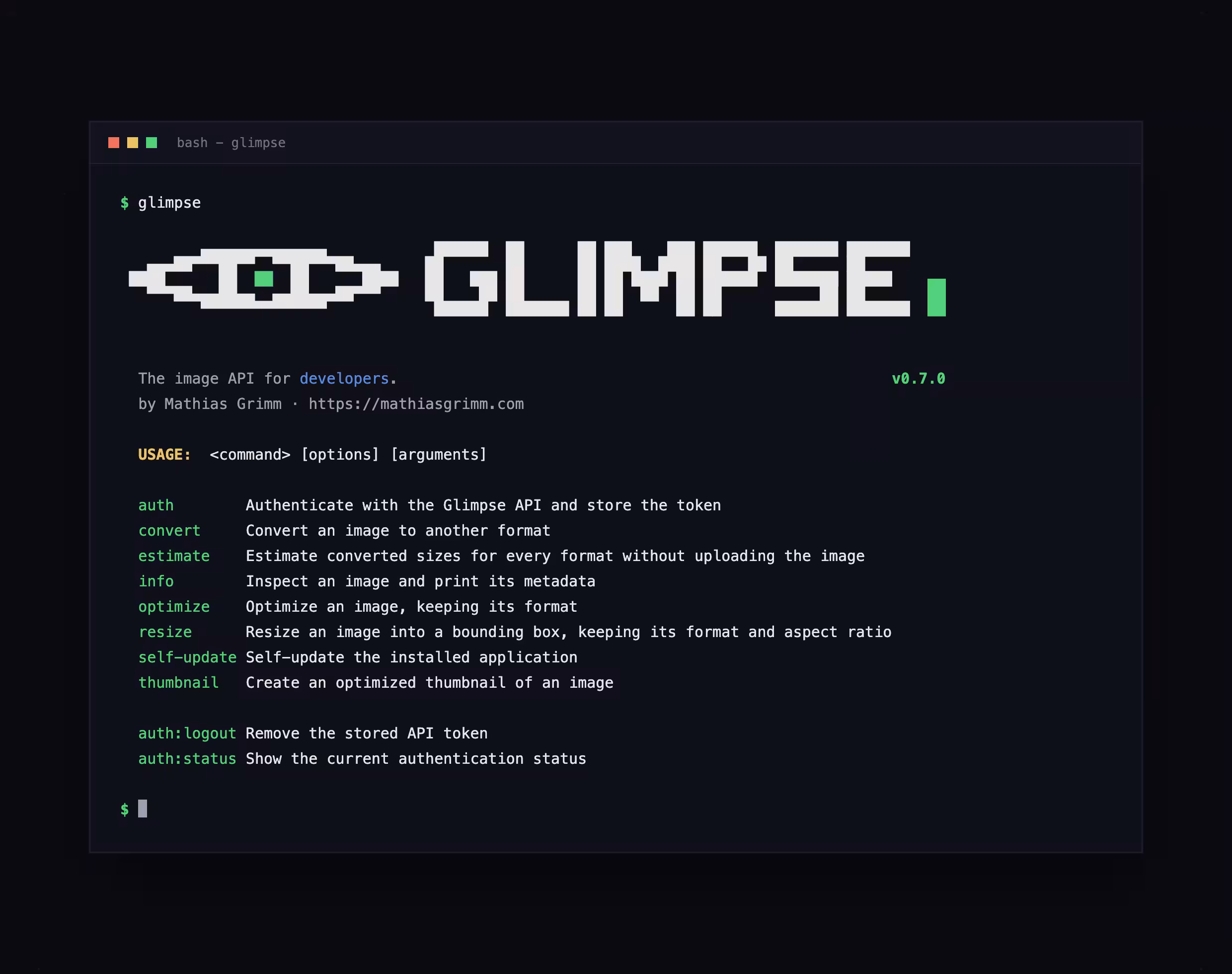 the glimpse banner and command list printed when running glimpse without arguments