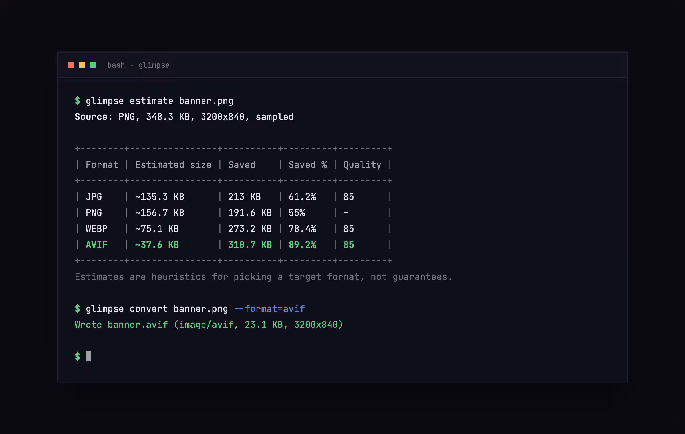 glimpse estimate and convert running in a terminal