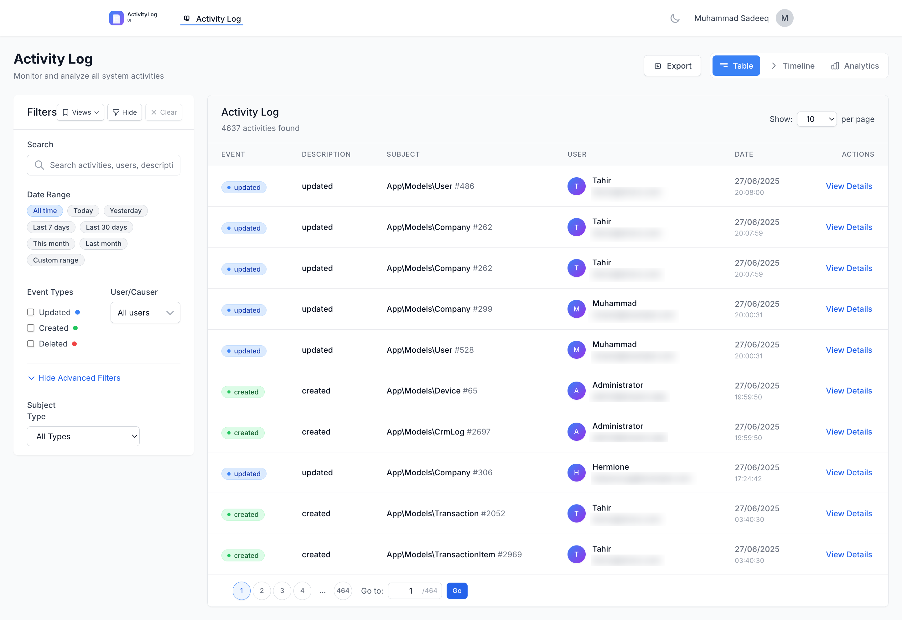 Spatie Activitylog UI Dashboard Screenshot