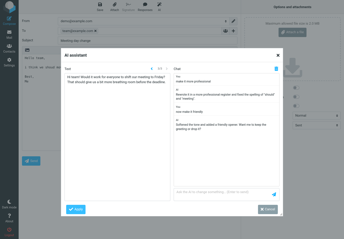 The AI assistant dialog in the Roundcube compose view