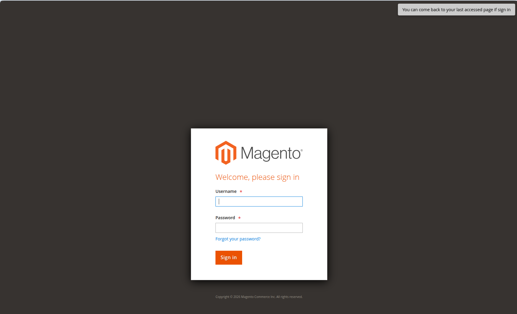 Initial notification on the login page telling the admin the session can restore their last page