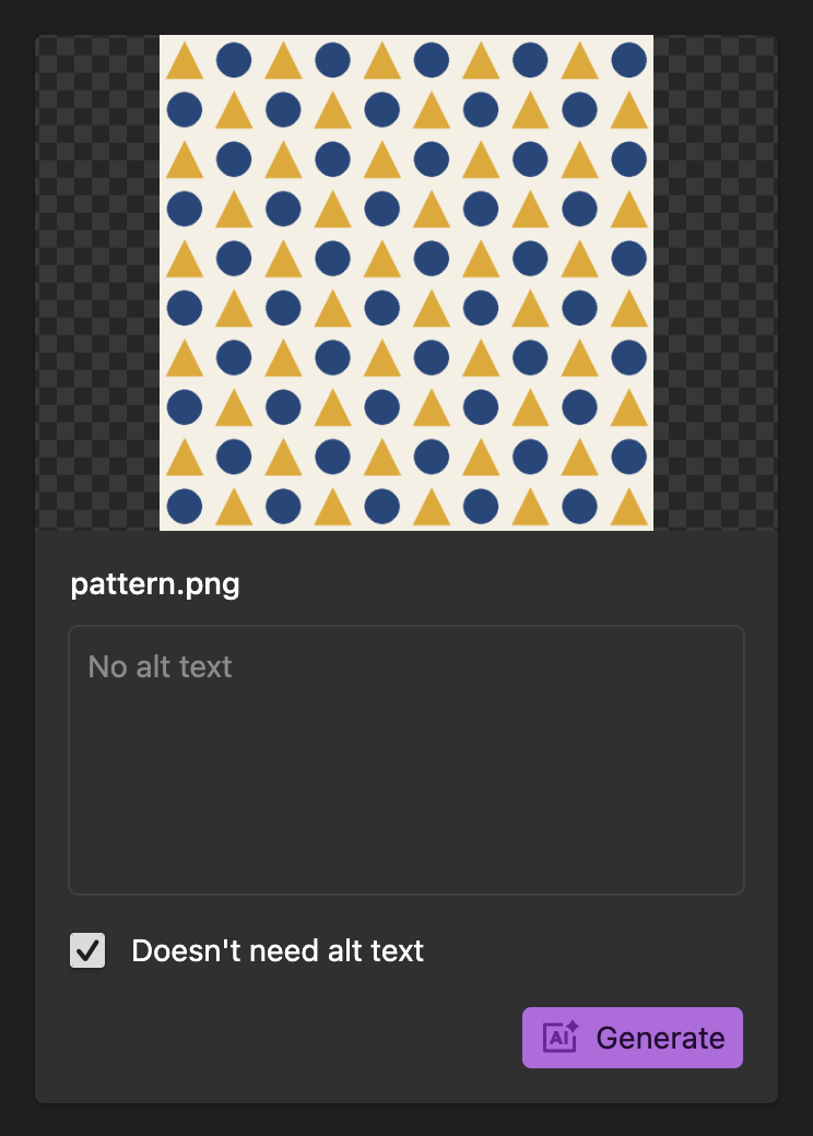 An image with an empty alt text, ticked as not needing one.