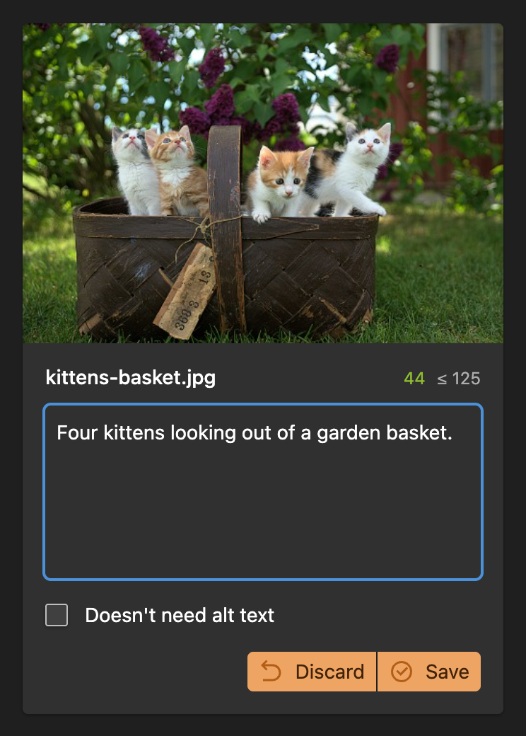 One image card, where a single alt text is written and saved.
