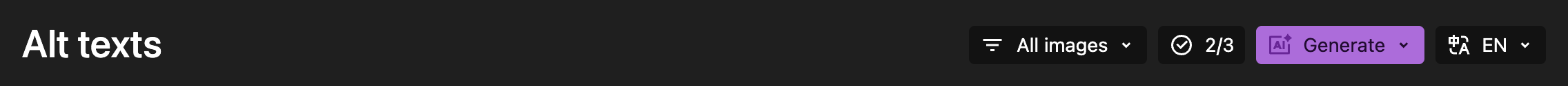 The toolbar with filter, counter, generate button and language switch.
