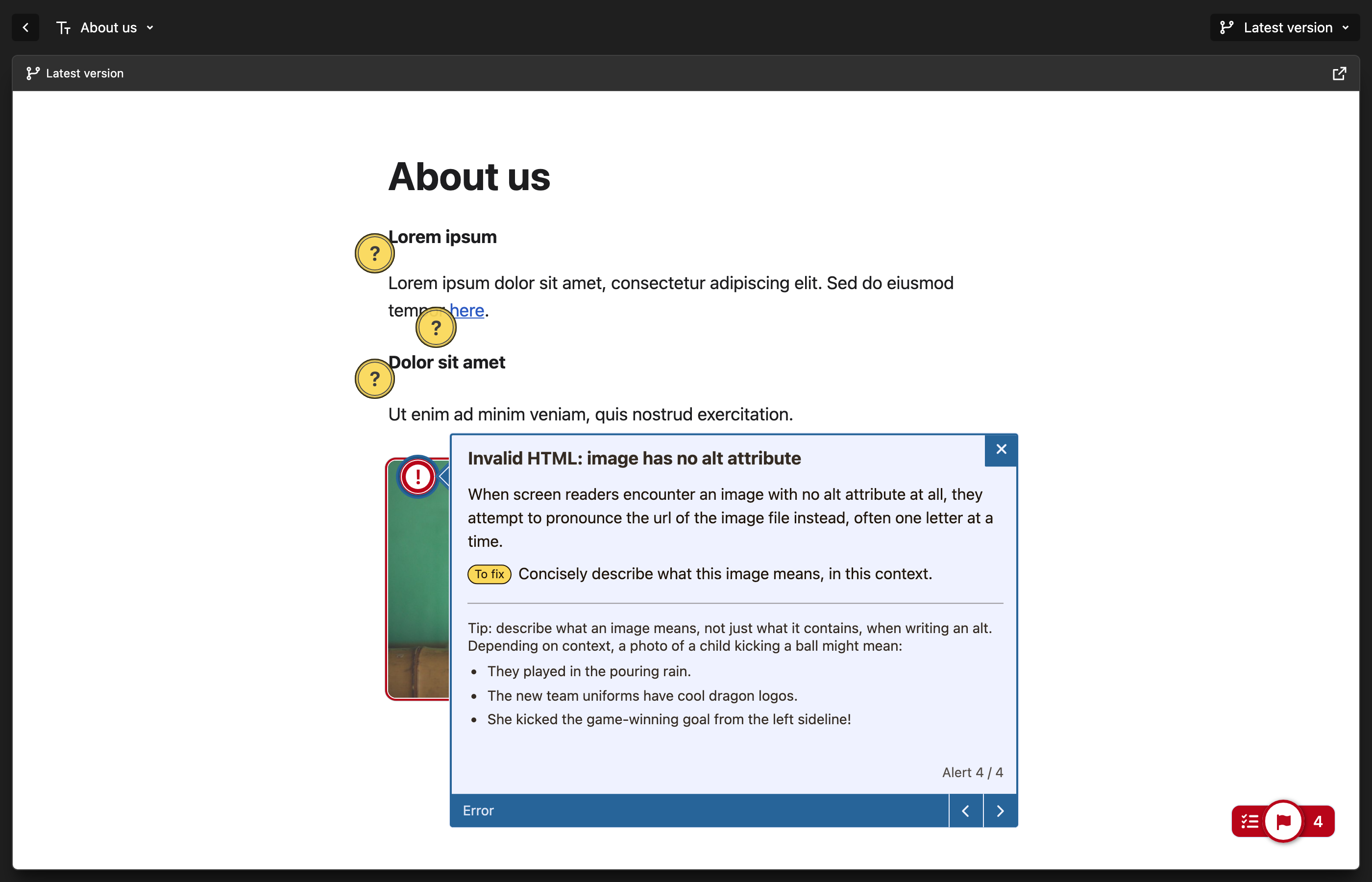 The Panel preview of "About us" with Editoria11y markers on the text and an open alert on an image: "Invalid HTML: image has no alt attribute", with advice on how to fix it.