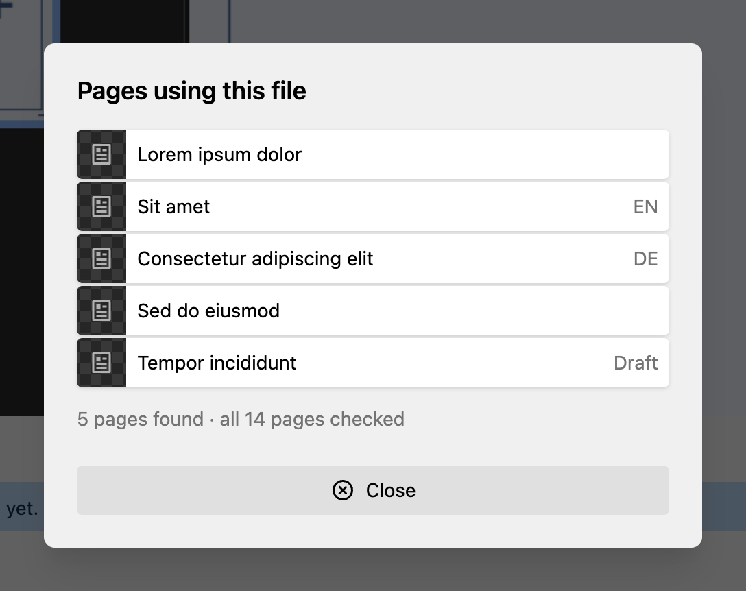 The "Pages using this file" dialog