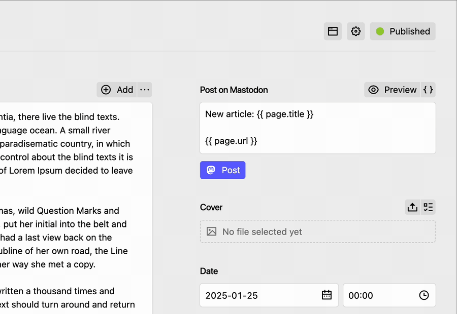 Panel section in action: composing a toot with live preview, posting, then watching reply, boost and favourite tiles update with engagement counts.