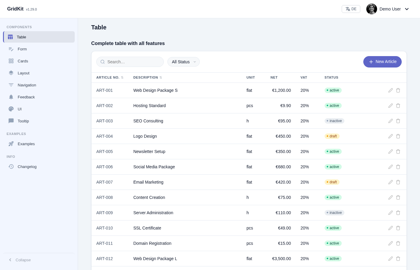 A GridKit table: search, filter, status pills, row actions