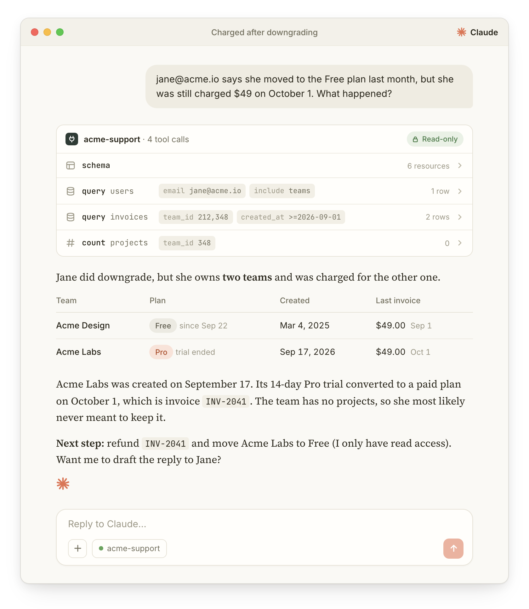 A support question answered by Claude through a read-only back-office MCP server
