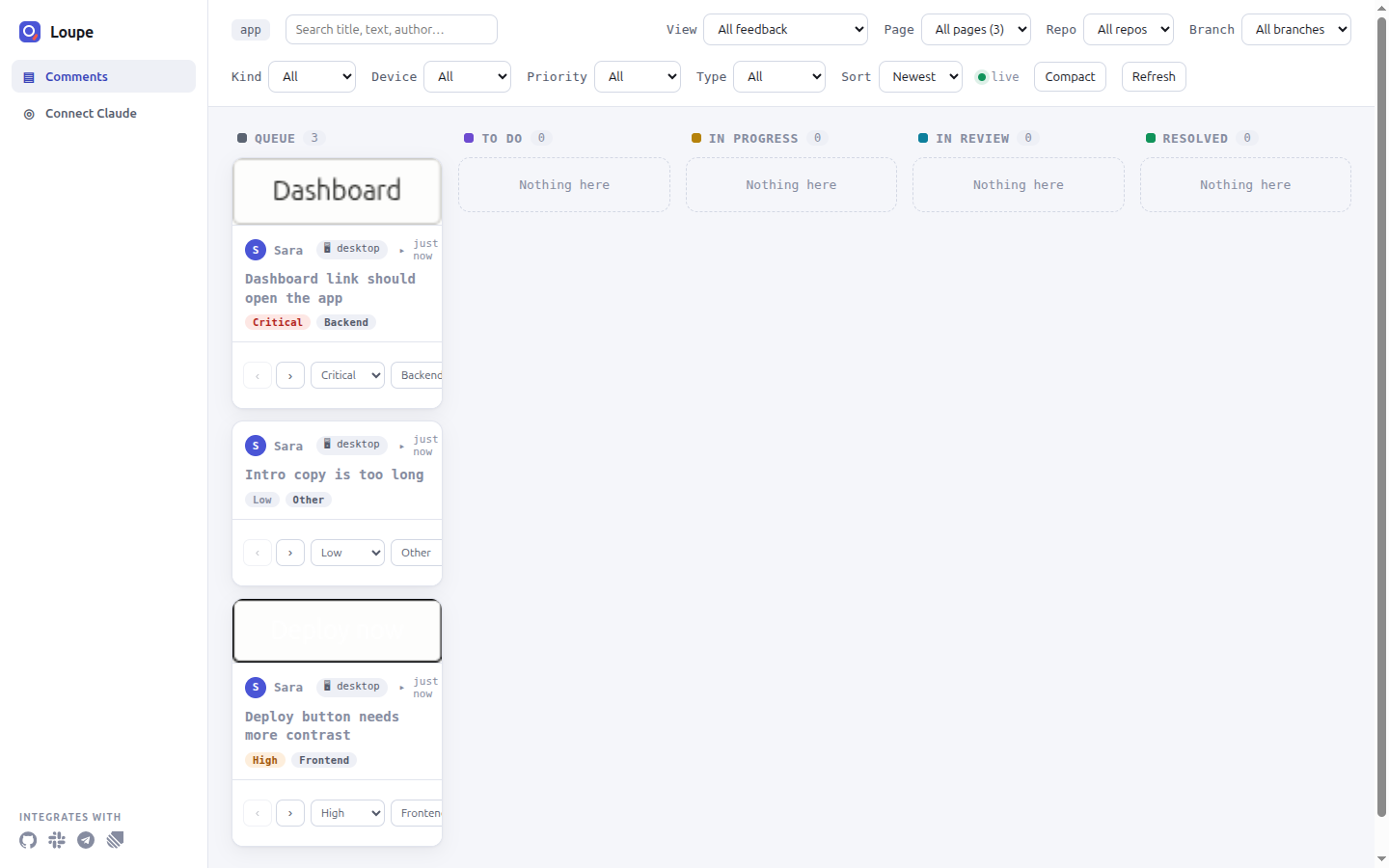 The Loupe dashboard at /loupe/dashboard, showing feedback cards in five columns: Queue, To Do, In Progress, In Review and Resolved