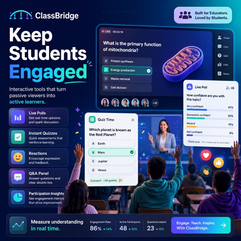 ClassBridge polls, quizzes, reactions, and engagement insights