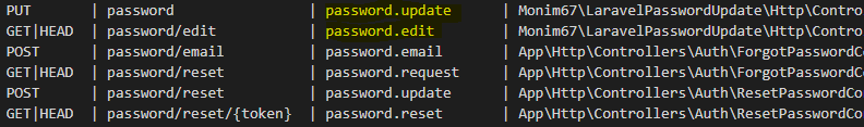 Routes added by laravel-password-update