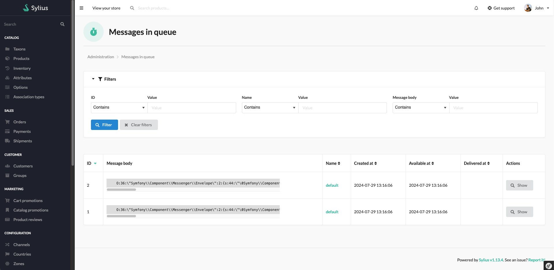 Demo of the grid display containing messages in queue