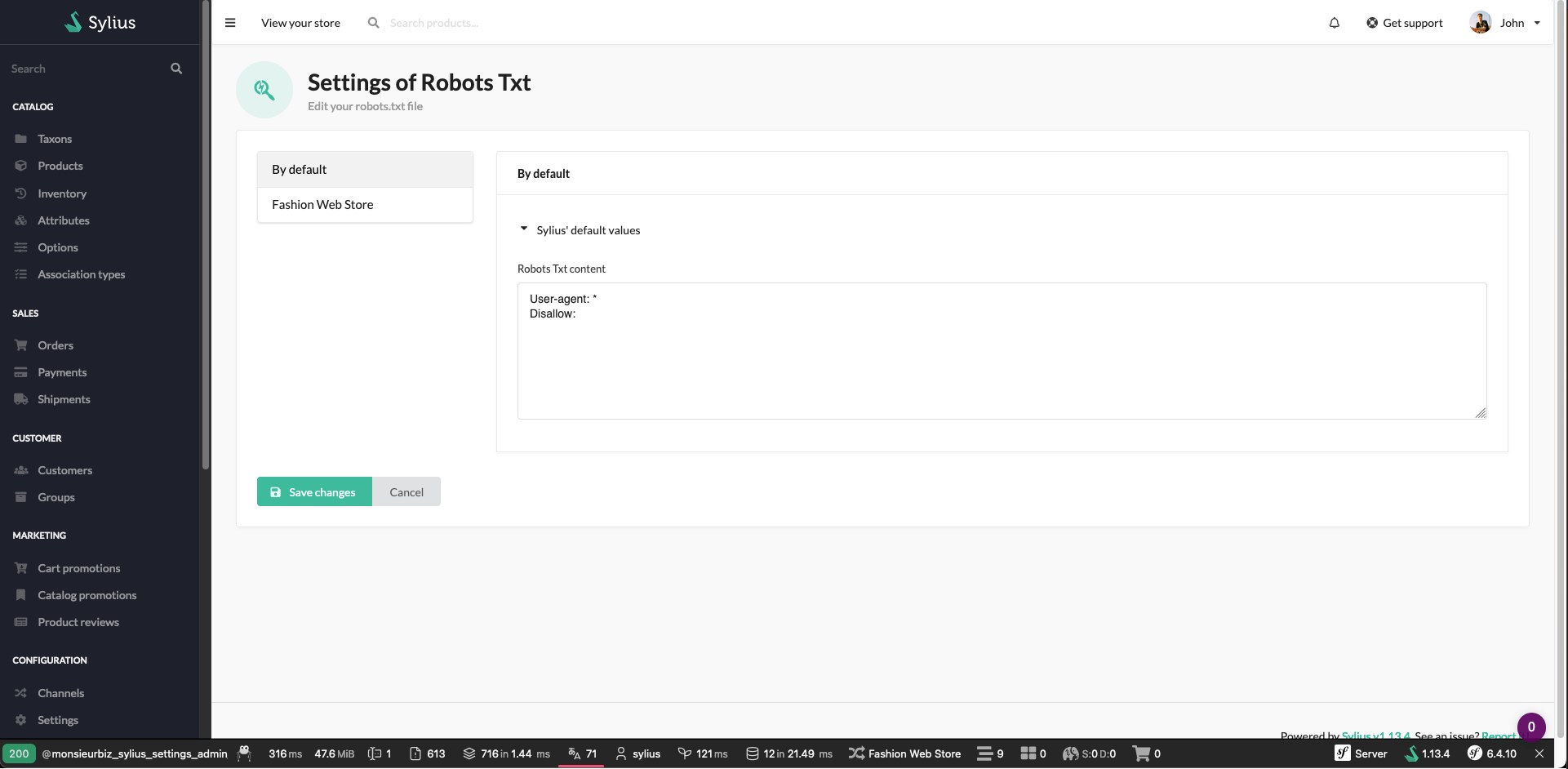 Demo of the settings form to manage robots.txt content