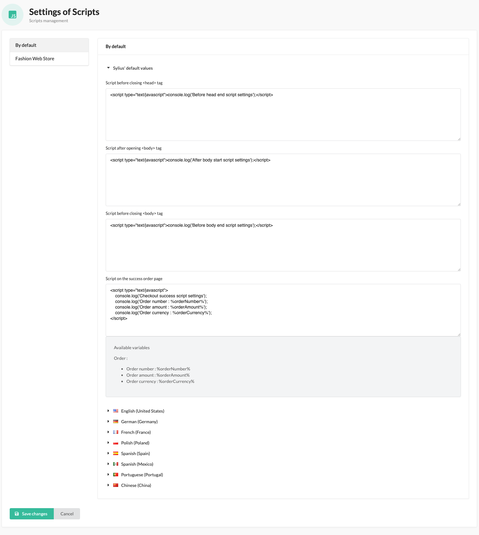 Screenshot of the scripts form in admin panel
