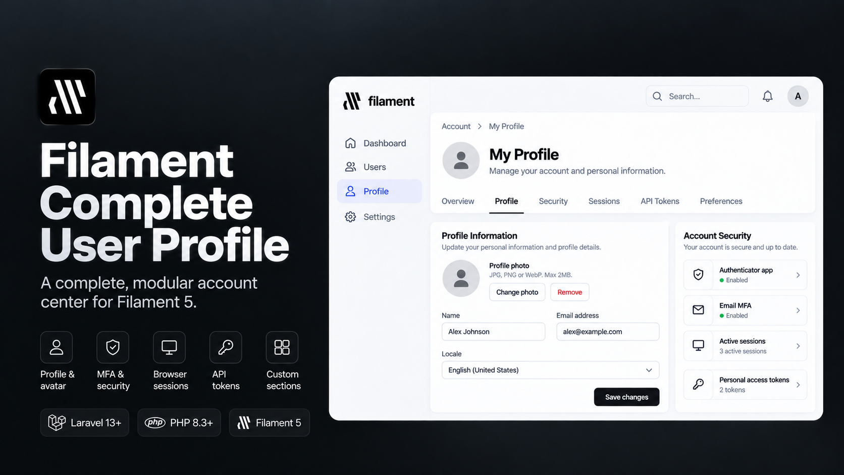 Filament Complete User Profile showcase