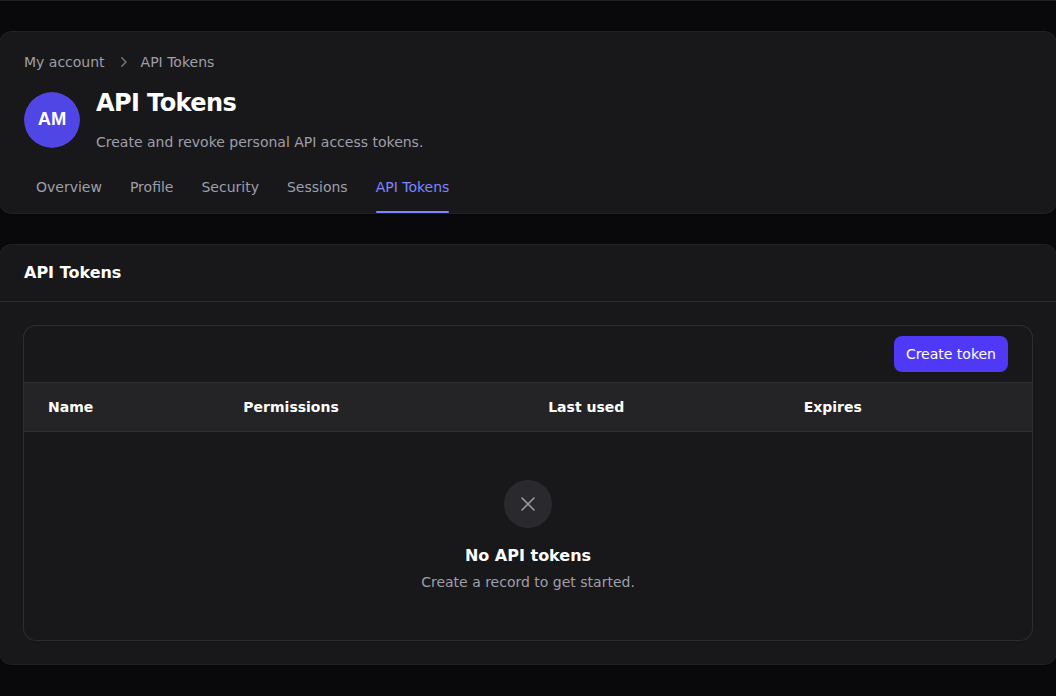 Complete user profile API tokens in dark mode