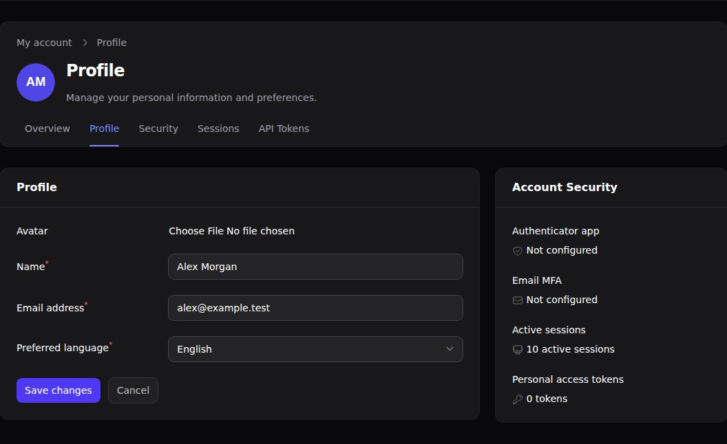 Complete user profile form in dark mode
