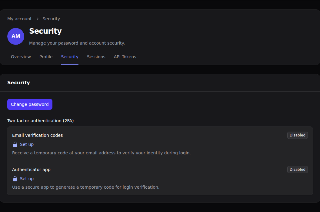 Complete user profile security settings in dark mode