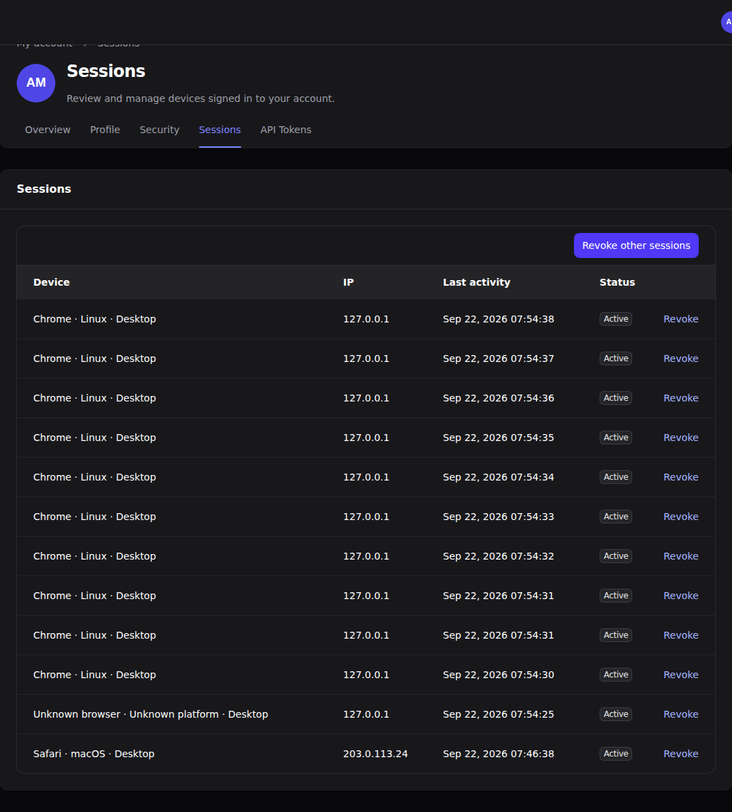 Complete user profile browser sessions in dark mode