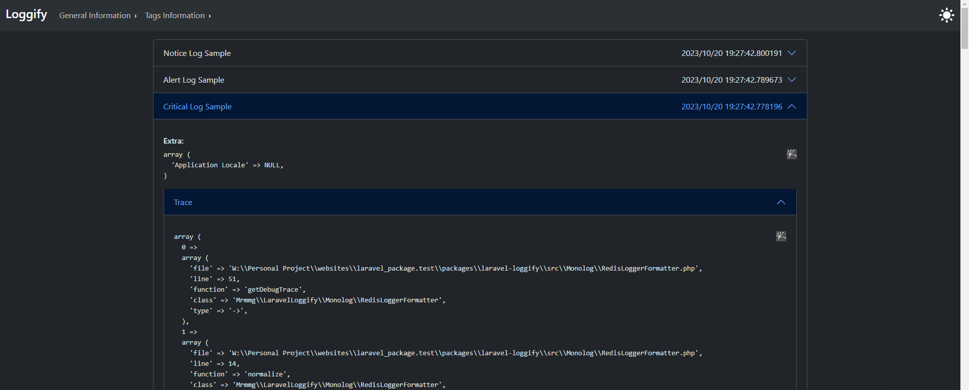 Loggify Trace Log Sample