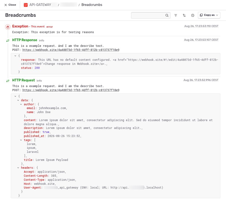 A request and its response in Sentry's breadcrumb trail, with the payload and headers expanded