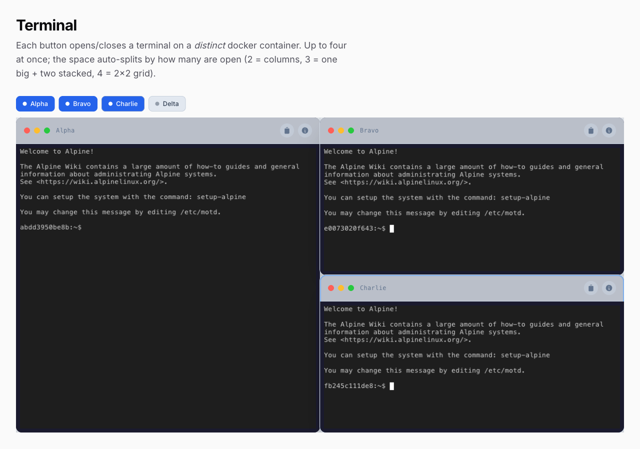 A dashboard with three toggled terminals on distinct servers, auto-arranged main-left