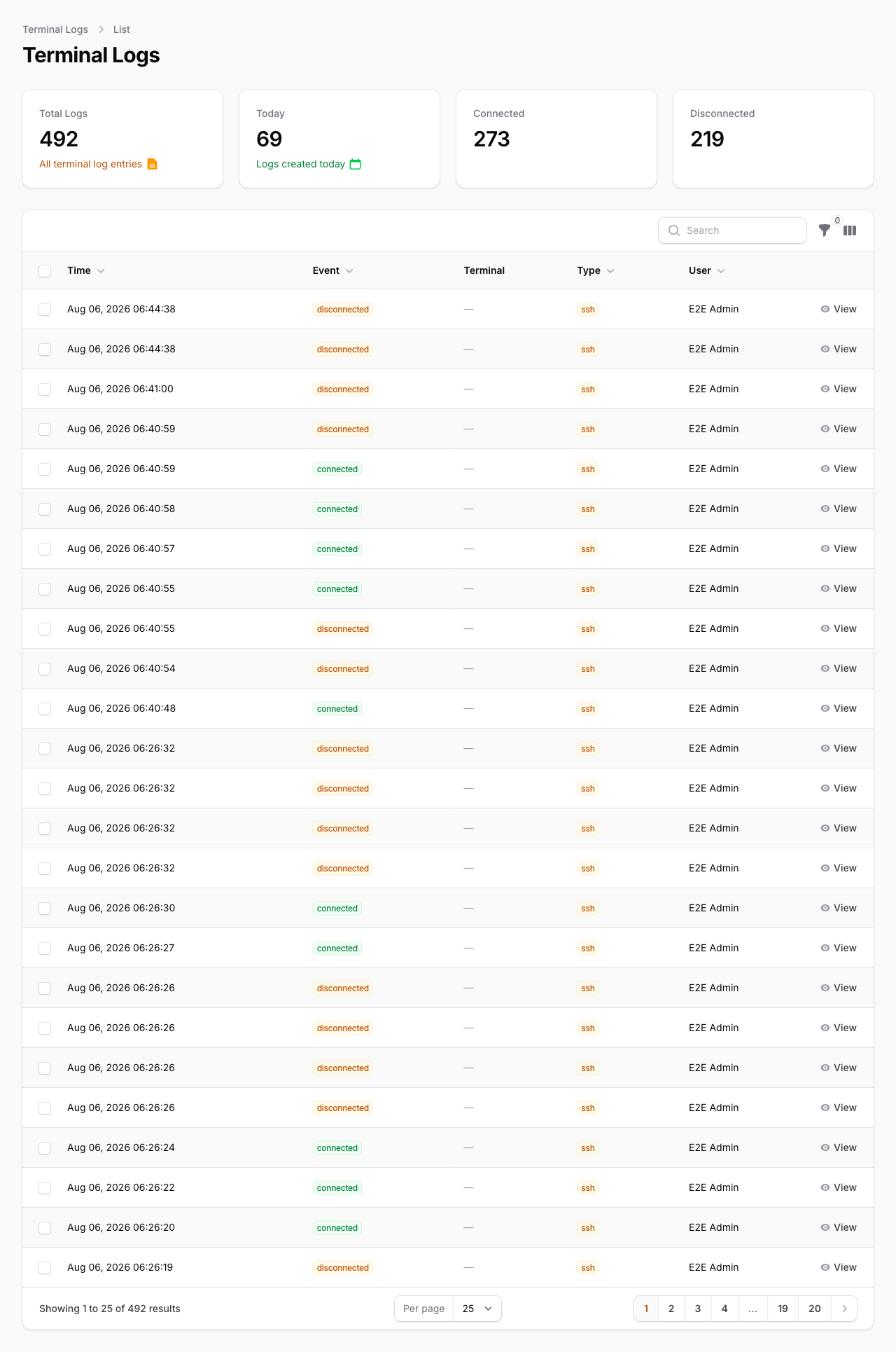 The Terminal Logs resource with connection lifecycle entries and stats widgets