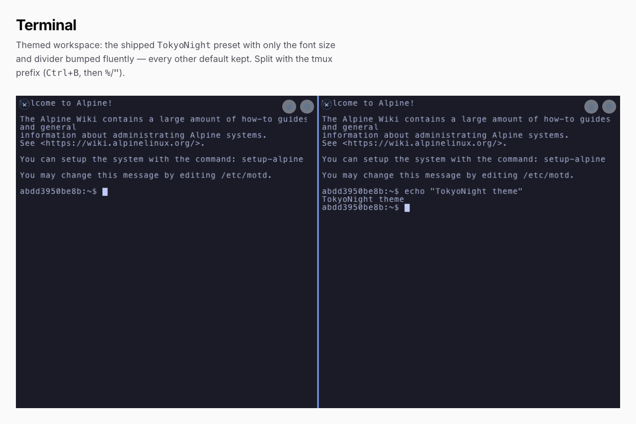A workspace using the shipped TokyoNight preset with a styled pane divider