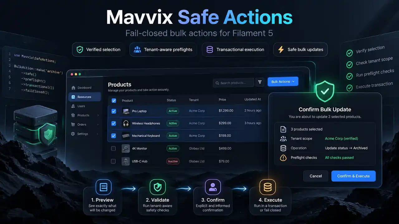 Mavvix Safe Actions concept illustration: a guarded Filament table, verified selection, tenant-aware preflight and transaction-bound bulk confirmation.