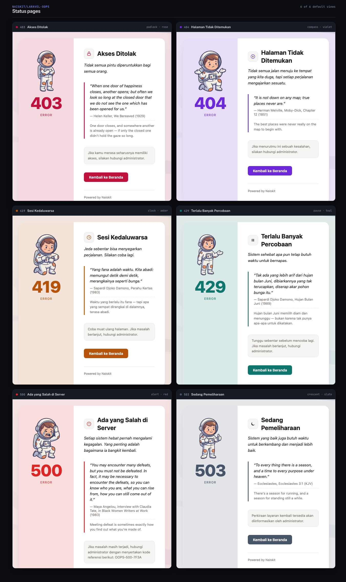 All 6 default status pages — 403, 404, 419, 429, 500, and 503 — each with its own icon and accent color