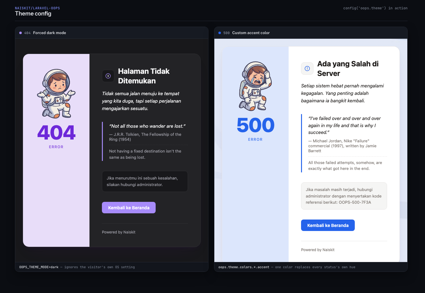 Theme config in action: forced dark mode and a custom accent color