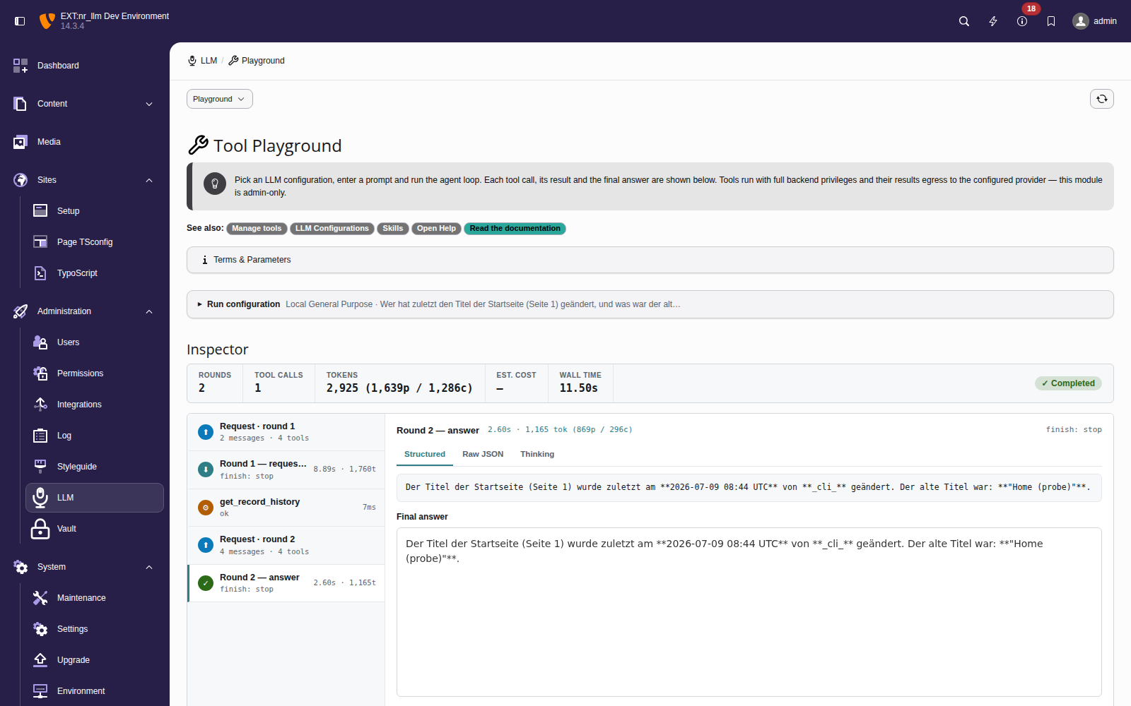 Tool Playground run inspector — summary strip with rounds, tool calls, tokens and wall time; the step list shows the request, the model's tool call, the get_record_history execution and the final answer