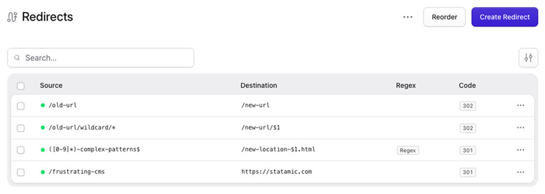 Preview of redirects panel
