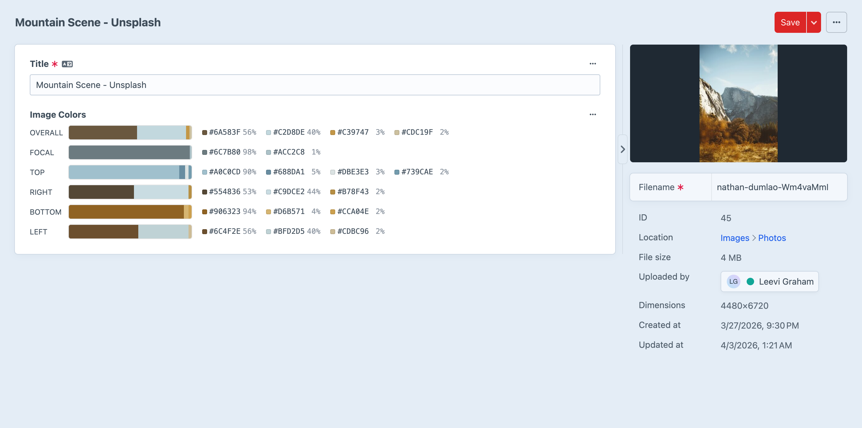 Color data field on asset edit page