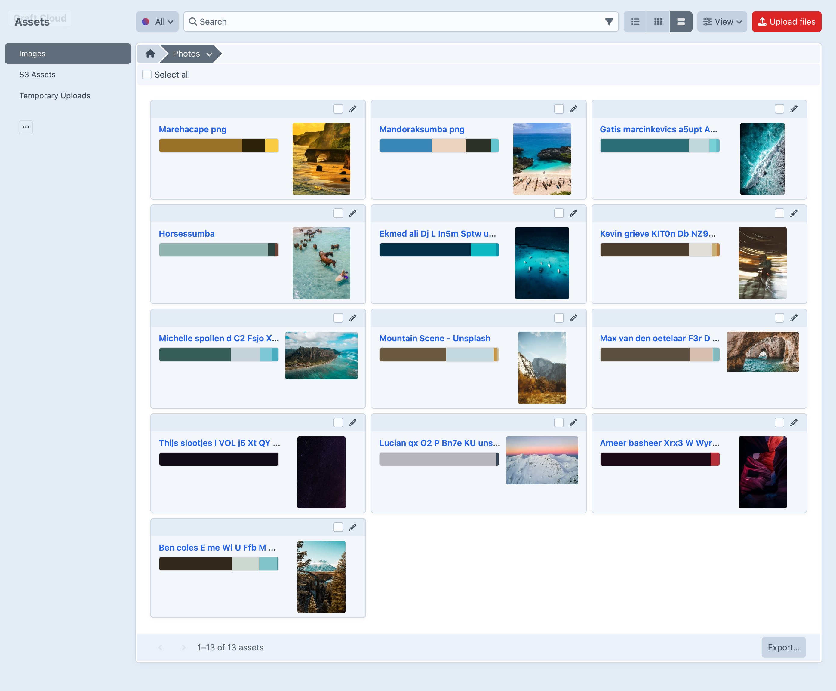 Asset index card view with color swatches
